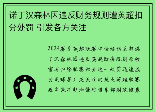 诺丁汉森林因违反财务规则遭英超扣分处罚 引发各方关注
