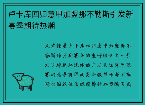 卢卡库回归意甲加盟那不勒斯引发新赛季期待热潮